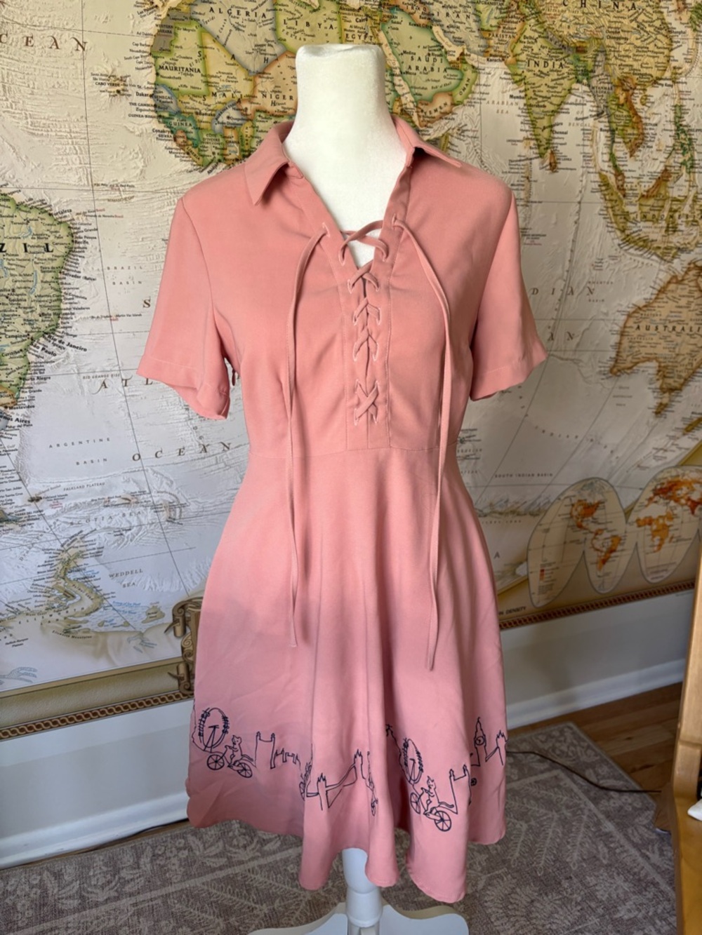 Miss Paitna Cat Dress Lace-Up Collared Midi Dress in Rose Pink